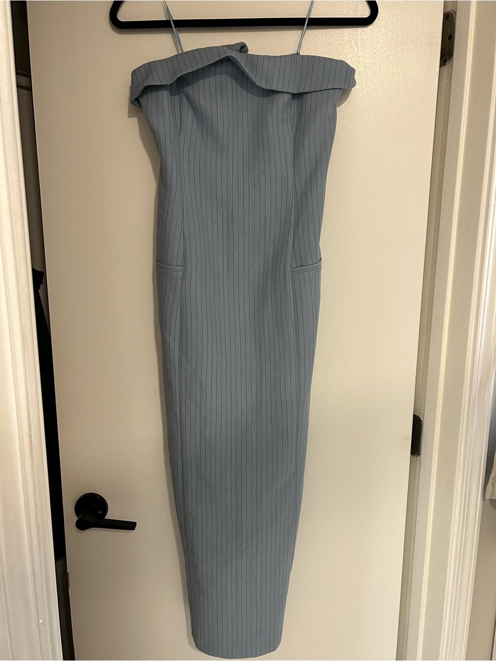 Abercrombie & Fitch Light Blue Pinstripe Strapless Midi Dress